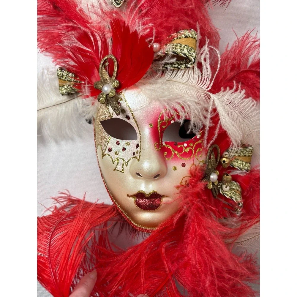 La Maschera Del Galeone Mask Italy Venezia Feathers Handmade Red Gold